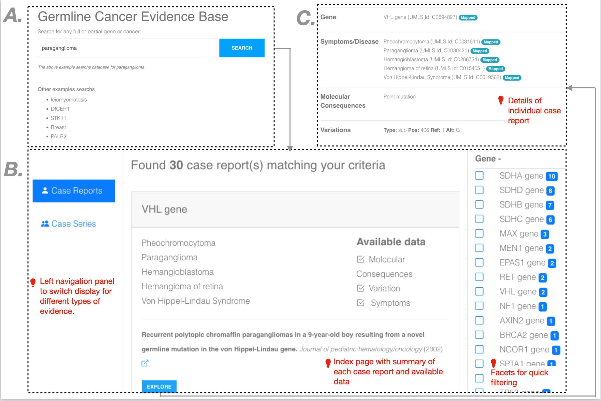 Components of user interface for nucleati germline cancer evidence base
